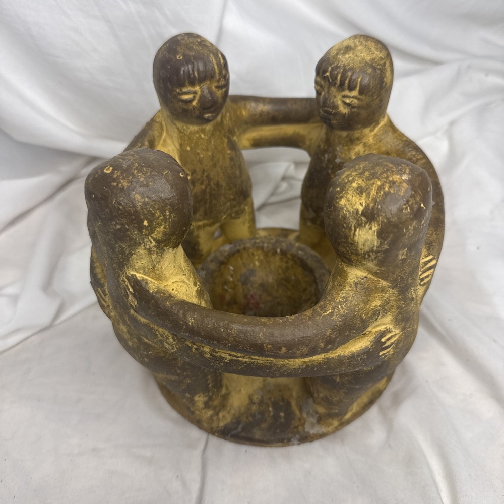VTG Aztec Mayan Circle of Friends 4 People Candle Holder Mexican Clay Pottery